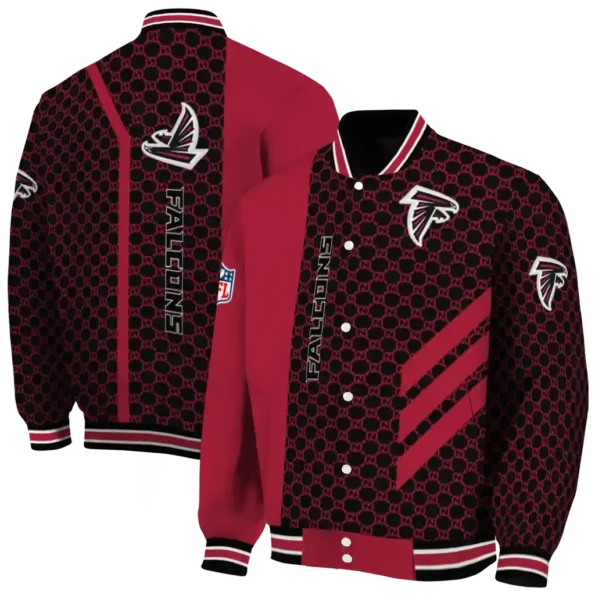 atlanta falcons triple side stripes red black varsity jacket fashion forward.webp