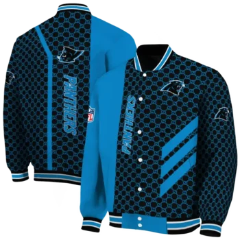 carolina panthers triple side stripes blue black varsity jacket fashion forward.webp