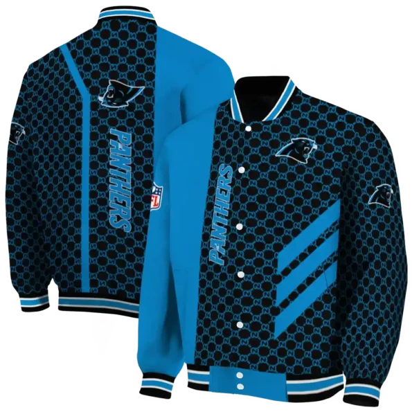 carolina panthers triple side stripes blue black varsity jacket fashion forward.webp