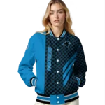 carolina panthers triple side stripes blue black varsity jacket best selling.webp