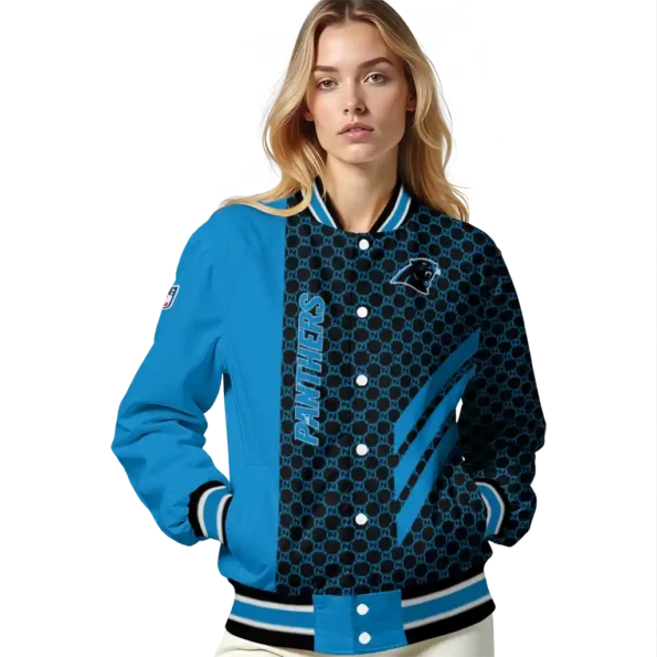 carolina panthers triple side stripes blue black varsity jacket latest model.webp