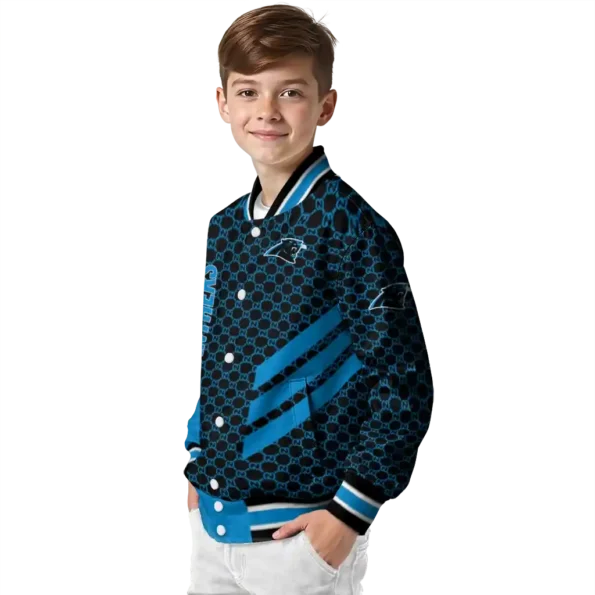 carolina panthers triple side stripes blue black varsity jacket trendy.webp