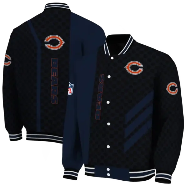 chicago bears triple side stripes blue black varsity jacket fashion forward.webp
