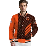 cincinnati bengals triple side stripes orange black varsity jacket best selling.webp