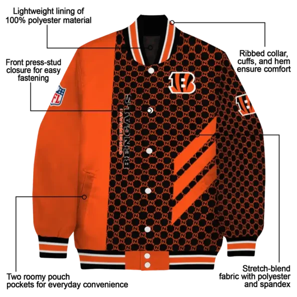 cincinnati bengals triple side stripes orange black varsity jacket new arrival.webp