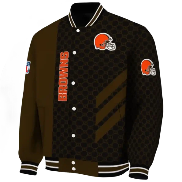 cleveland browns triple side stripes brown black varsity jacket best selling.webp