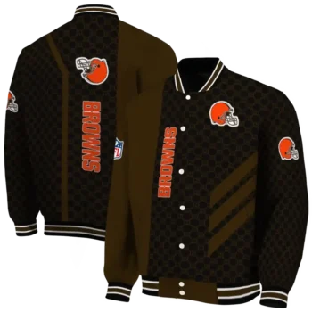 cleveland browns triple side stripes brown black varsity jacket fashion forward.webp