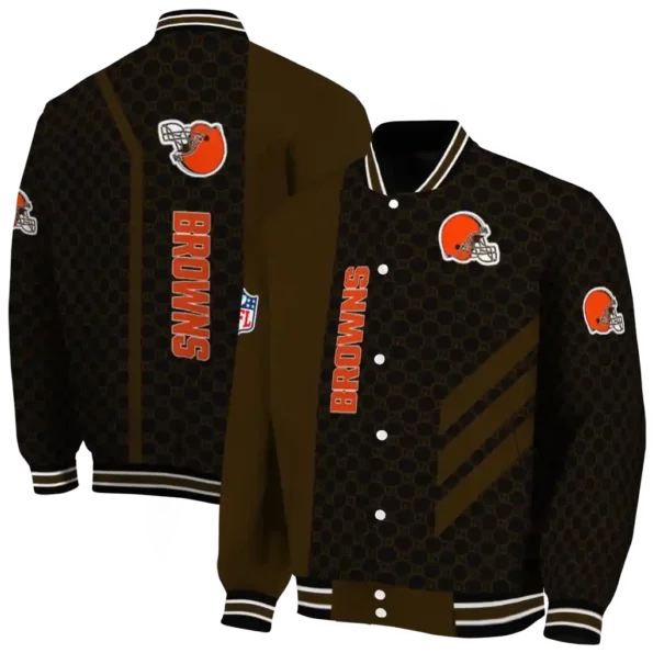 cleveland browns triple side stripes brown black varsity jacket fashion forward.webp