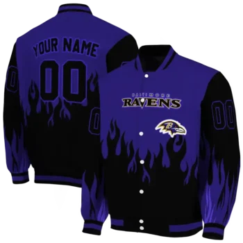 custom baltimore ravens flame border purple black varsity jacket fashion forward.webp
