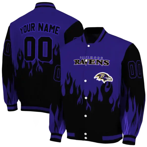 custom baltimore ravens flame border purple black varsity jacket fashion forward.webp
