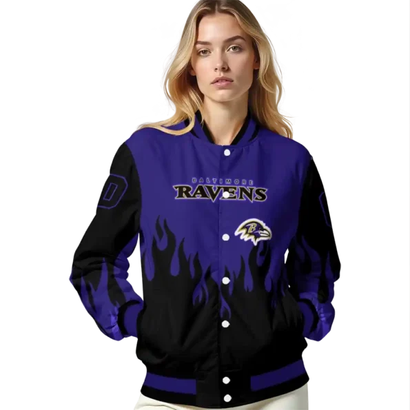 custom baltimore ravens flame border purple black varsity jacket latest model.webp