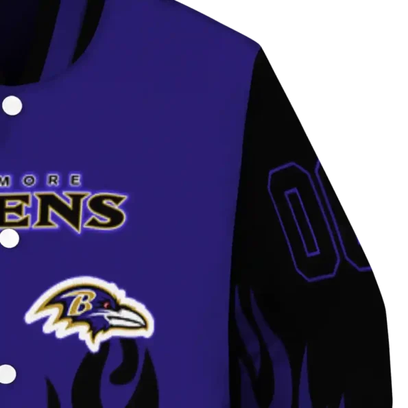 custom baltimore ravens flame border purple black varsity jacket premium grade.webp