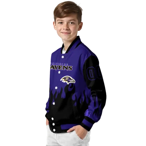 custom baltimore ravens flame border purple black varsity jacket trendy.webp