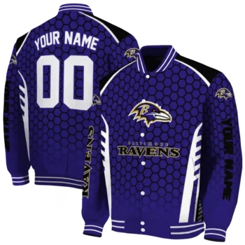 custom baltimore ravens hexagon grid purple varsity jacket fashion forward.webp