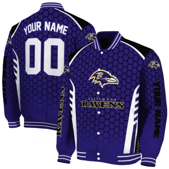 custom baltimore ravens hexagon grid purple varsity jacket fashion forward.webp