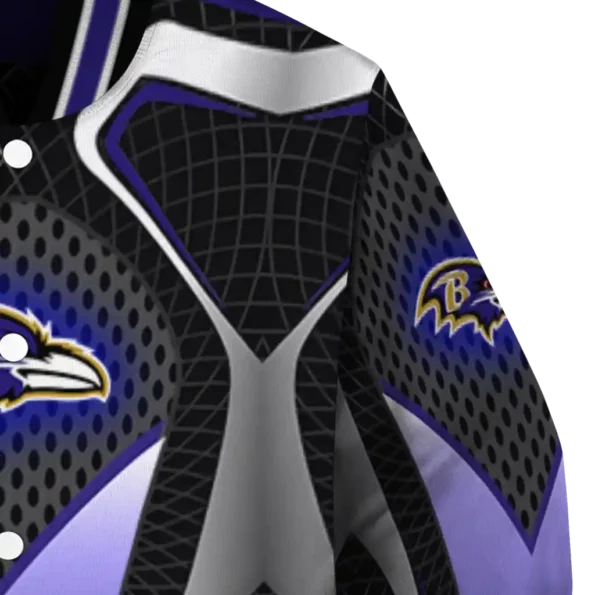 custom baltimore ravens mesh chest black crocs black varsity jacket premium grade.webp