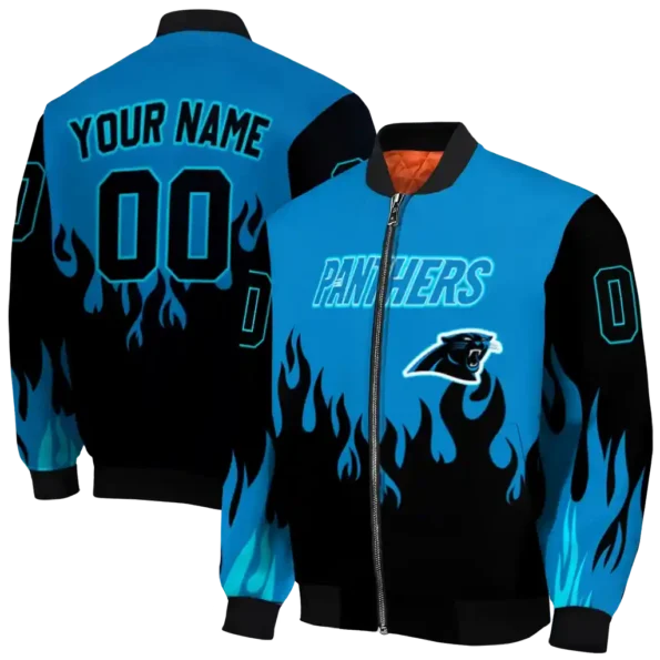 custom carolina panthers flame border blue black bomber jacket fashion forward