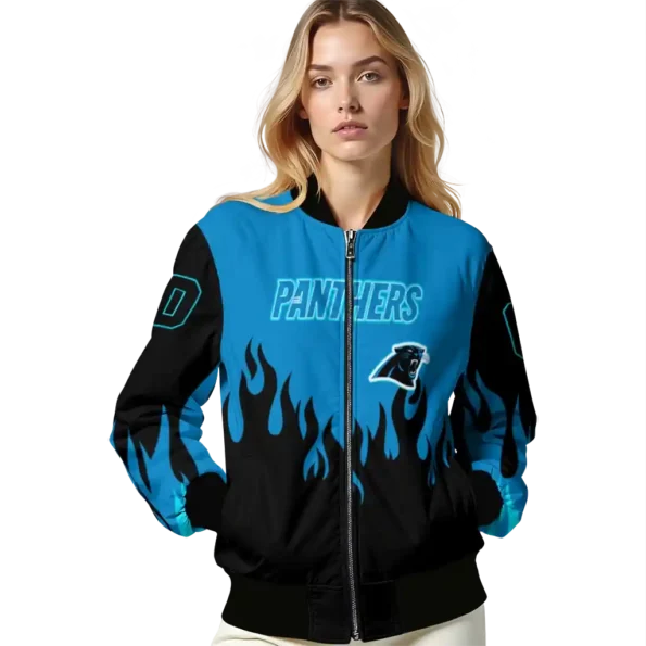 custom carolina panthers flame border blue black bomber jacket latest model