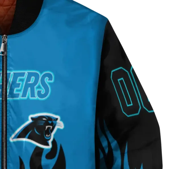 custom carolina panthers flame border blue black bomber jacket premium grade