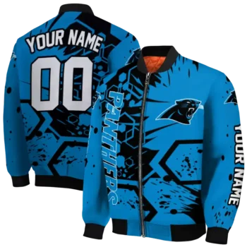 custom carolina panthers hexagon cluster blue black bomber jacket fashion forward