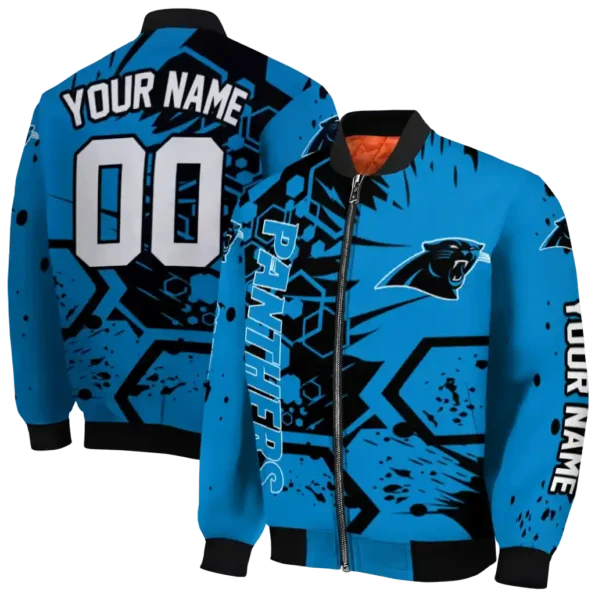 custom carolina panthers hexagon cluster blue black bomber jacket fashion forward