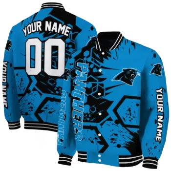 custom carolina panthers hexagon cluster blue black varsity jacket fashion forward.webp