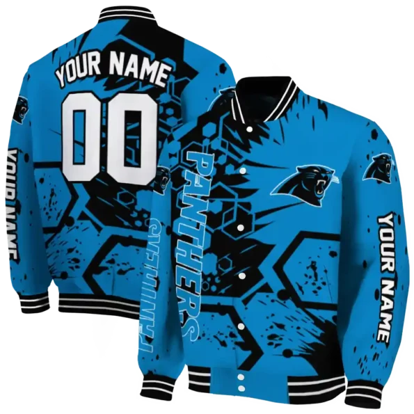 custom carolina panthers hexagon cluster blue black varsity jacket fashion forward.webp