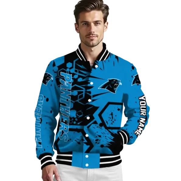custom carolina panthers hexagon cluster blue black varsity jacket high quality.webp