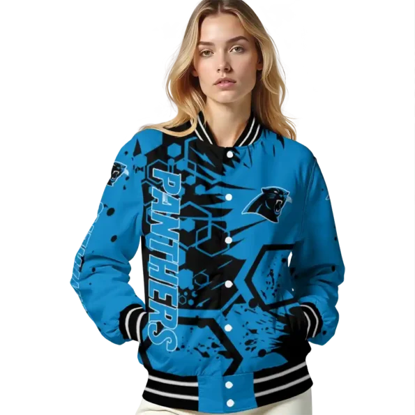 custom carolina panthers hexagon cluster blue black varsity jacket latest model.webp
