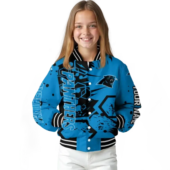 custom carolina panthers hexagon cluster blue black varsity jacket top rated.webp