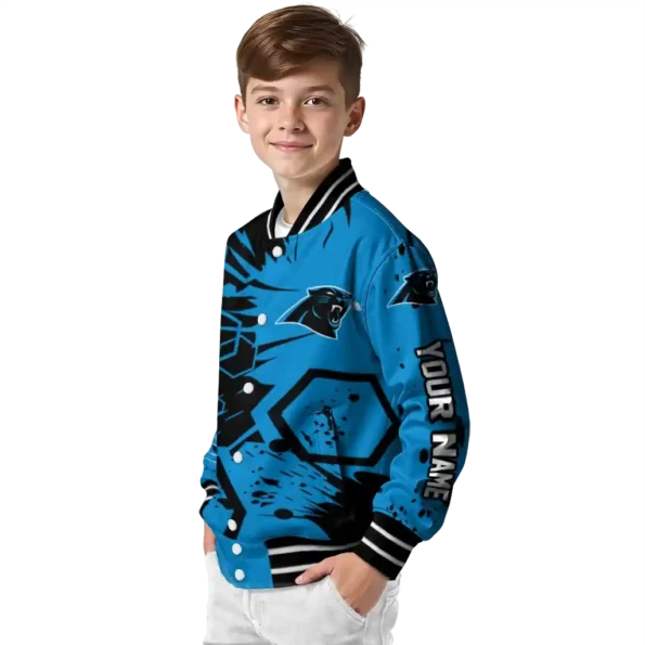 custom carolina panthers hexagon cluster blue black varsity jacket trendy.webp