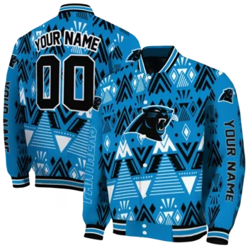 custom carolina panthers pyramid shapes blue varsity jacket fashion forward.webp