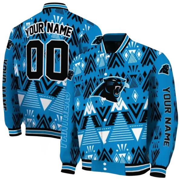 custom carolina panthers pyramid shapes blue varsity jacket fashion forward.webp