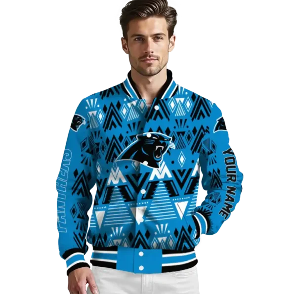 custom carolina panthers pyramid shapes blue varsity jacket high quality.webp