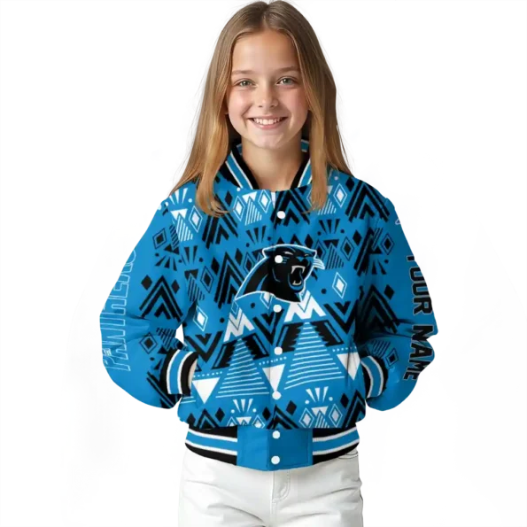 custom carolina panthers pyramid shapes blue varsity jacket top rated.webp