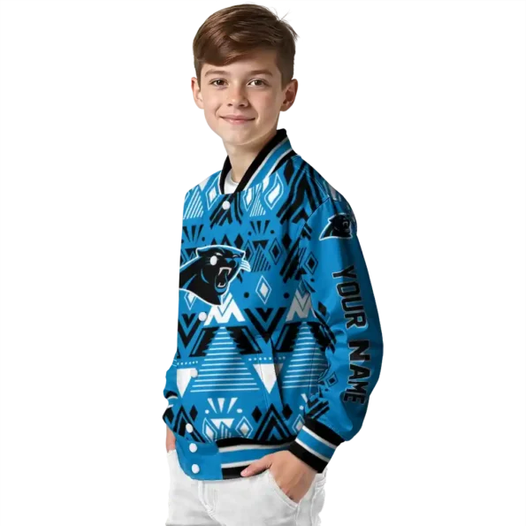custom carolina panthers pyramid shapes blue varsity jacket trendy.webp