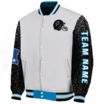 custom carolina panthers speckled arms blue gray varsity jacket best selling.webp