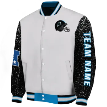 custom carolina panthers speckled arms blue gray varsity jacket best selling.webp