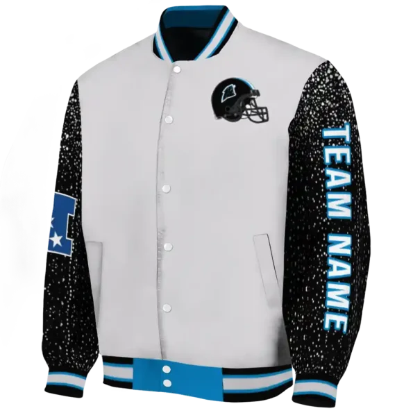 custom carolina panthers speckled arms blue gray varsity jacket best selling.webp