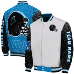 custom carolina panthers speckled arms blue gray varsity jacket best selling.webp
