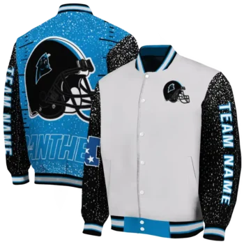 custom carolina panthers speckled arms blue gray varsity jacket fashion forward.webp