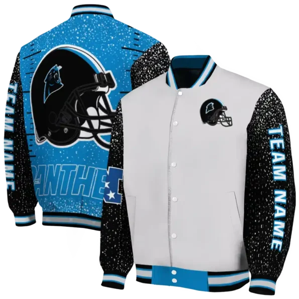 custom carolina panthers speckled arms blue gray varsity jacket fashion forward.webp