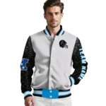 custom carolina panthers speckled arms blue gray varsity jacket best selling.webp