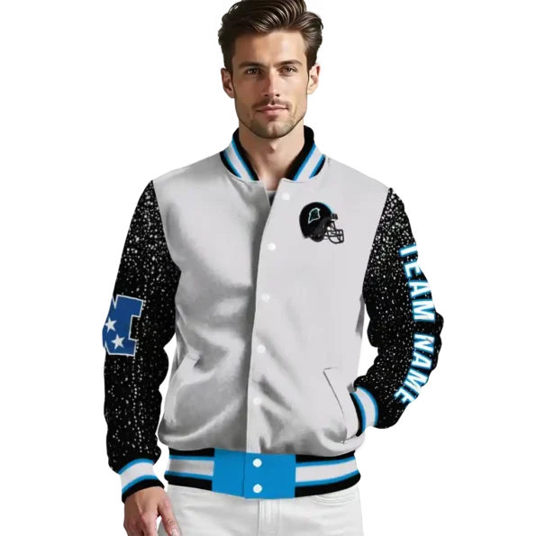 custom carolina panthers speckled arms blue gray varsity jacket high quality.webp
