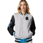 custom carolina panthers speckled arms blue gray varsity jacket best selling.webp