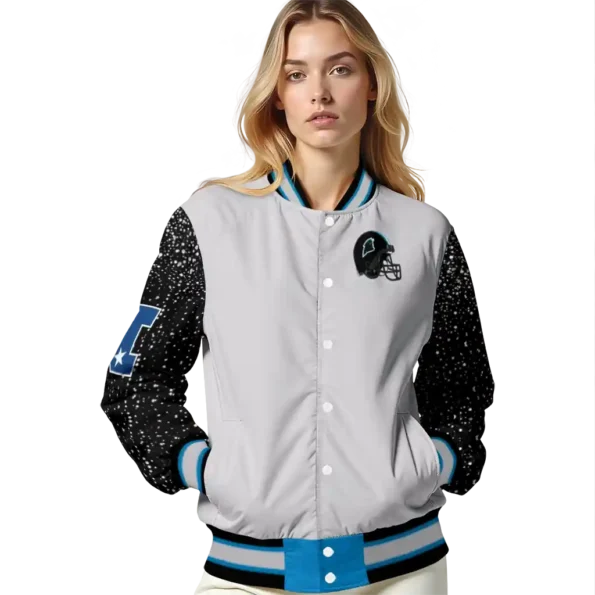 custom carolina panthers speckled arms blue gray varsity jacket latest model.webp