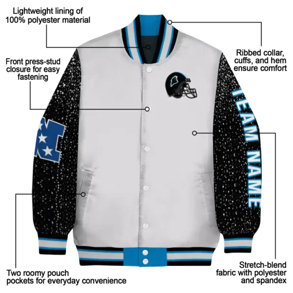 custom carolina panthers speckled arms blue gray varsity jacket new arrival.webp