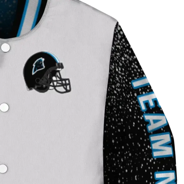 custom carolina panthers speckled arms blue gray varsity jacket premium grade.webp