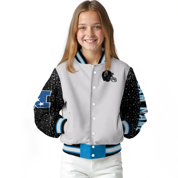 custom carolina panthers speckled arms blue gray varsity jacket top rated.webp