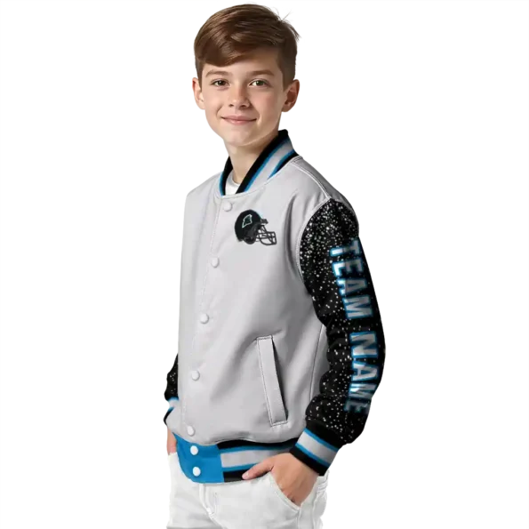 custom carolina panthers speckled arms blue gray varsity jacket trendy.webp